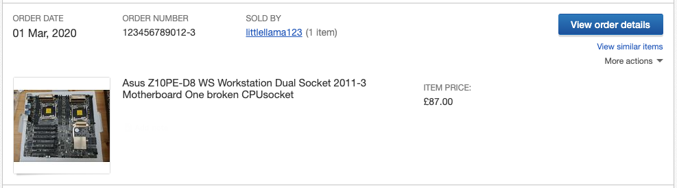 Screenshot of eBay listing for motherboard