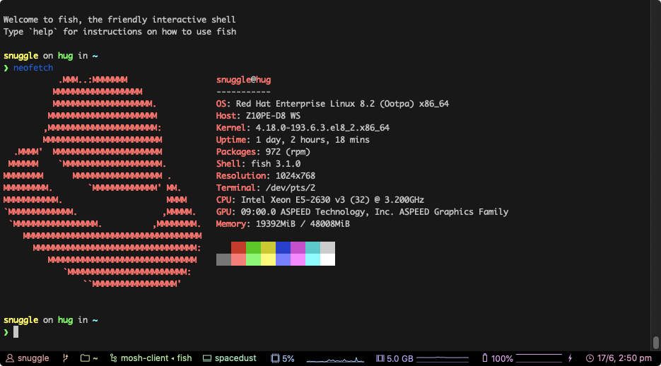 Quick screenshot from neofetch, showing the operating system running (Red Hat Enterprise Linux) and system specs